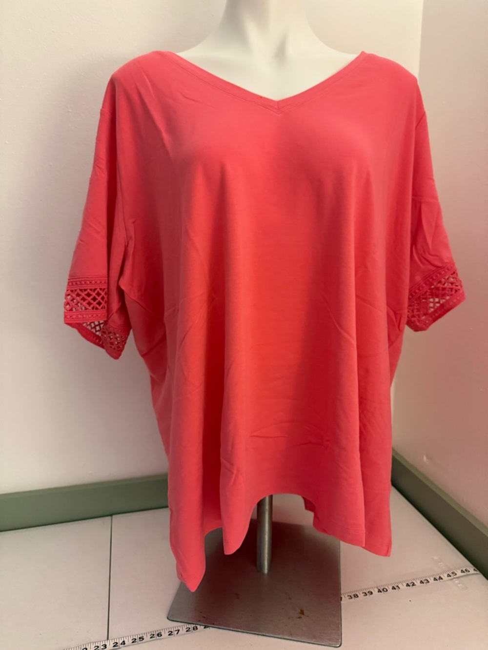 Women's V-Neck Crochet Sleeve Top - Coral